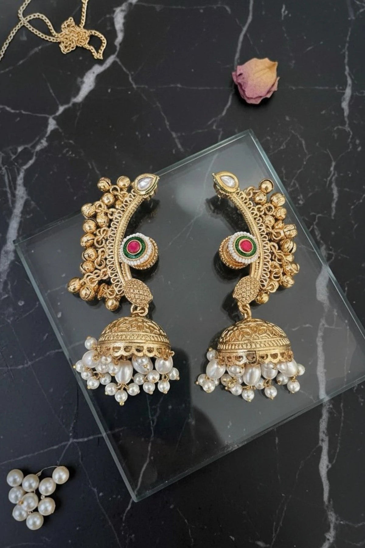 Antique Gold Peacock Jhumka Earrings in Anti-Tarnish Brass with Pearls &amp; Kundan Work