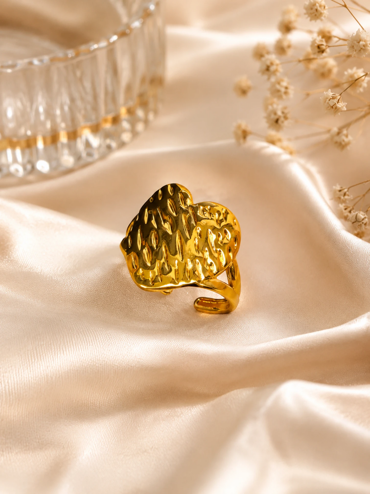 Golden Textured Wave Statement Ring