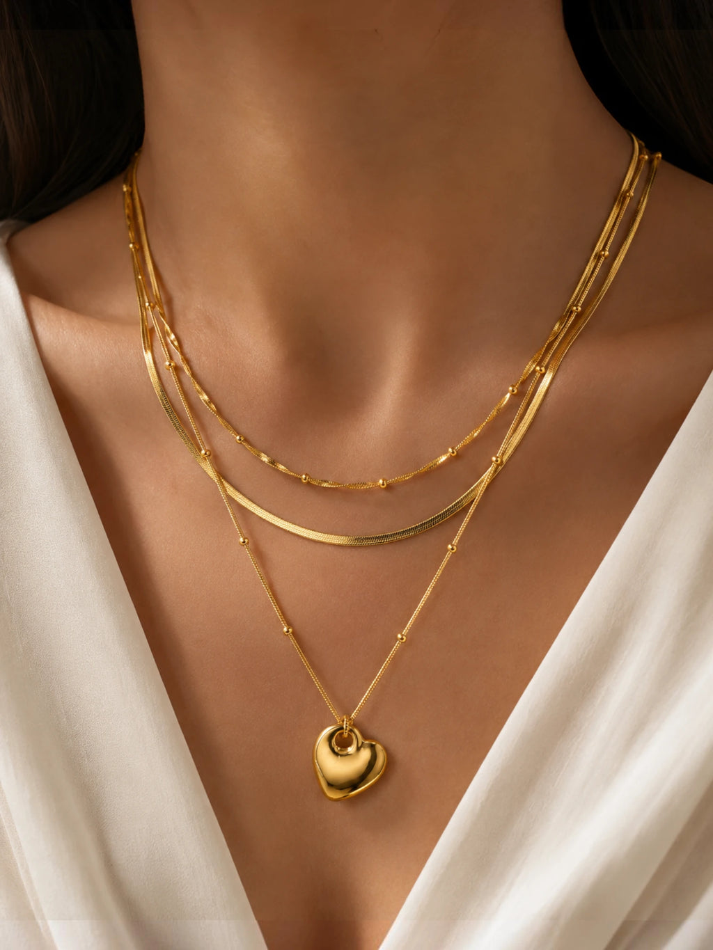 3 Layer Chain Pendant Necklace – Golden Heart