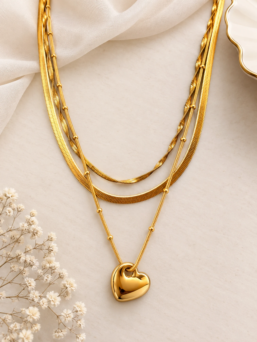 3 Layer Chain Pendant Necklace – Golden Heart