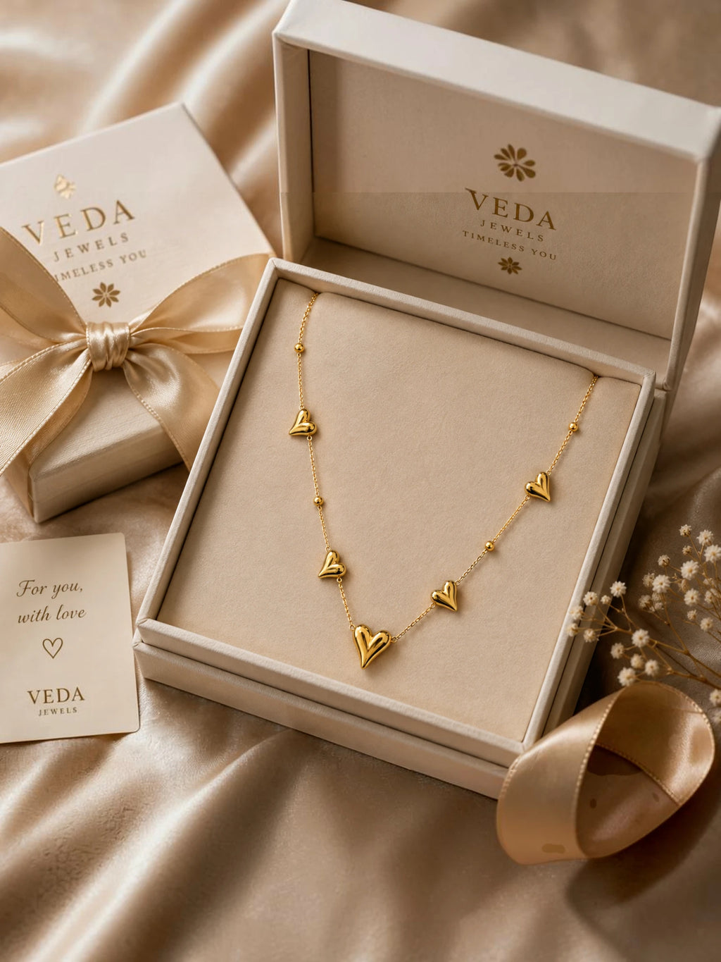 Golden Heart Trio Charm Necklace