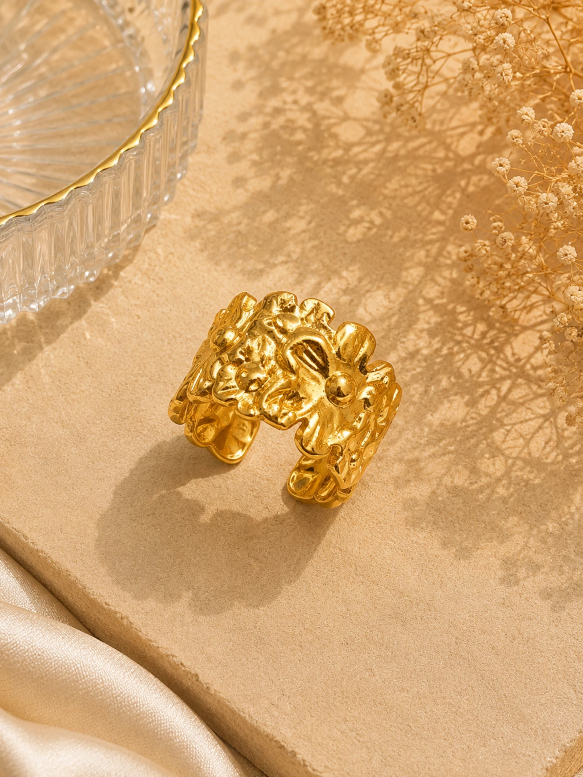 Golden Floral Bloom Adjustable Ring
