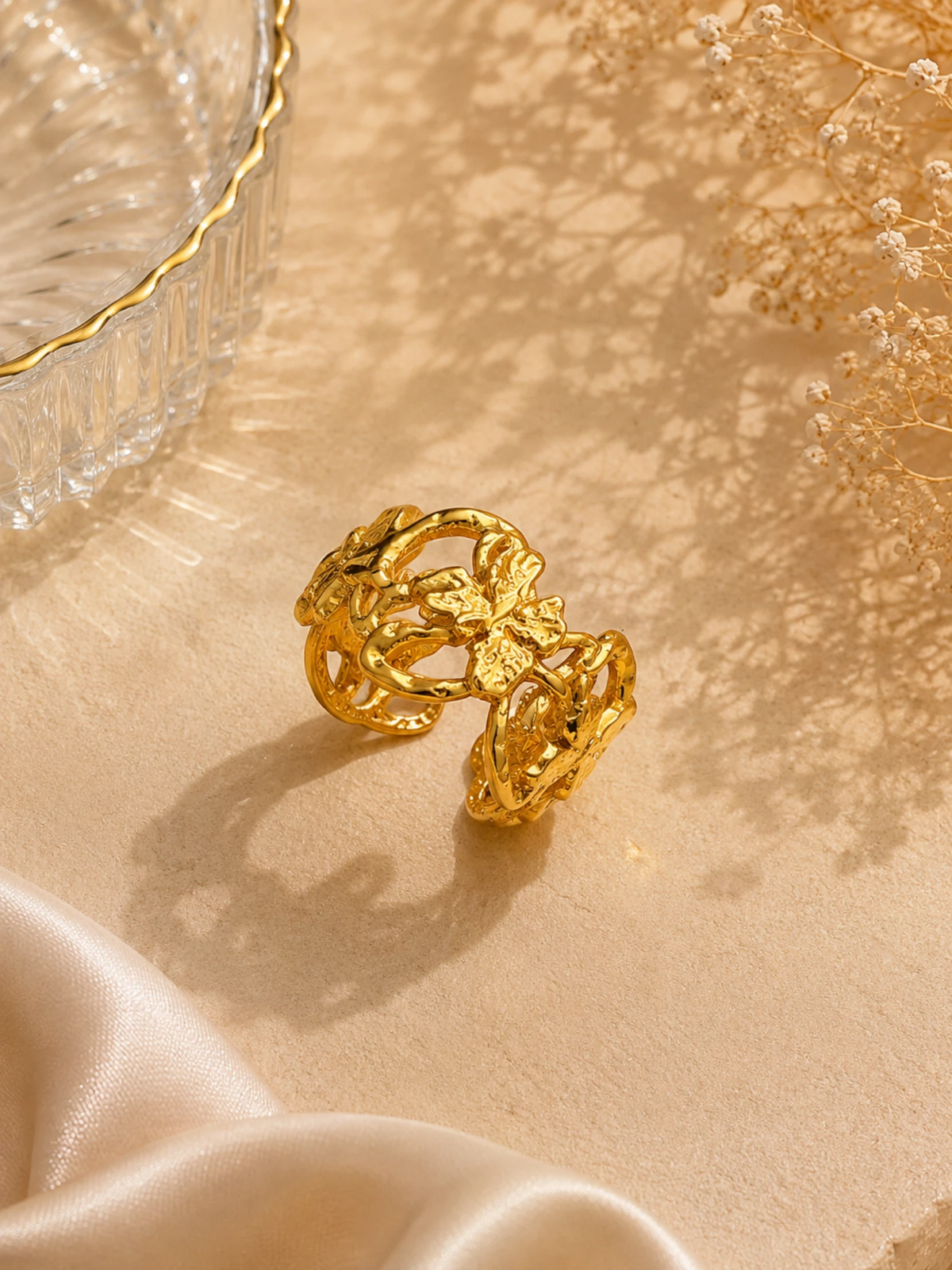 Golden Floral Open Cuff Ring