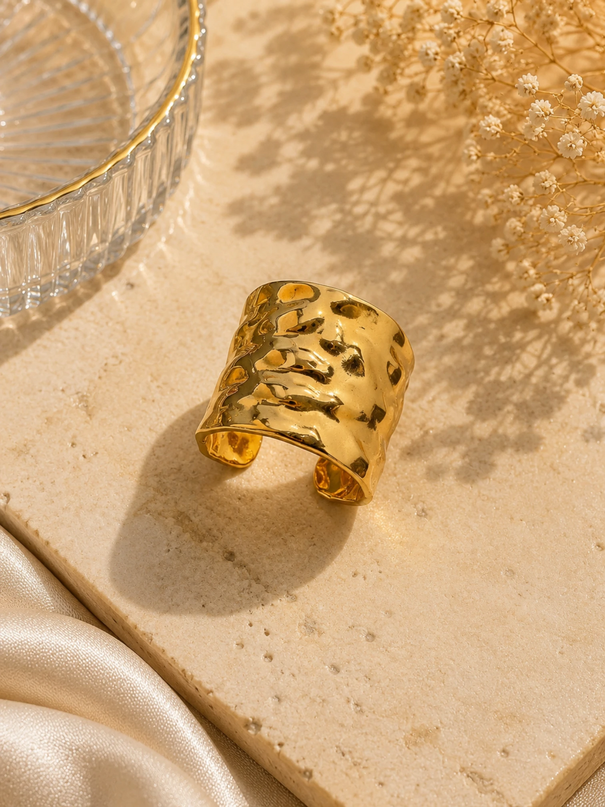 Golden Hammered Open Cuff Ring