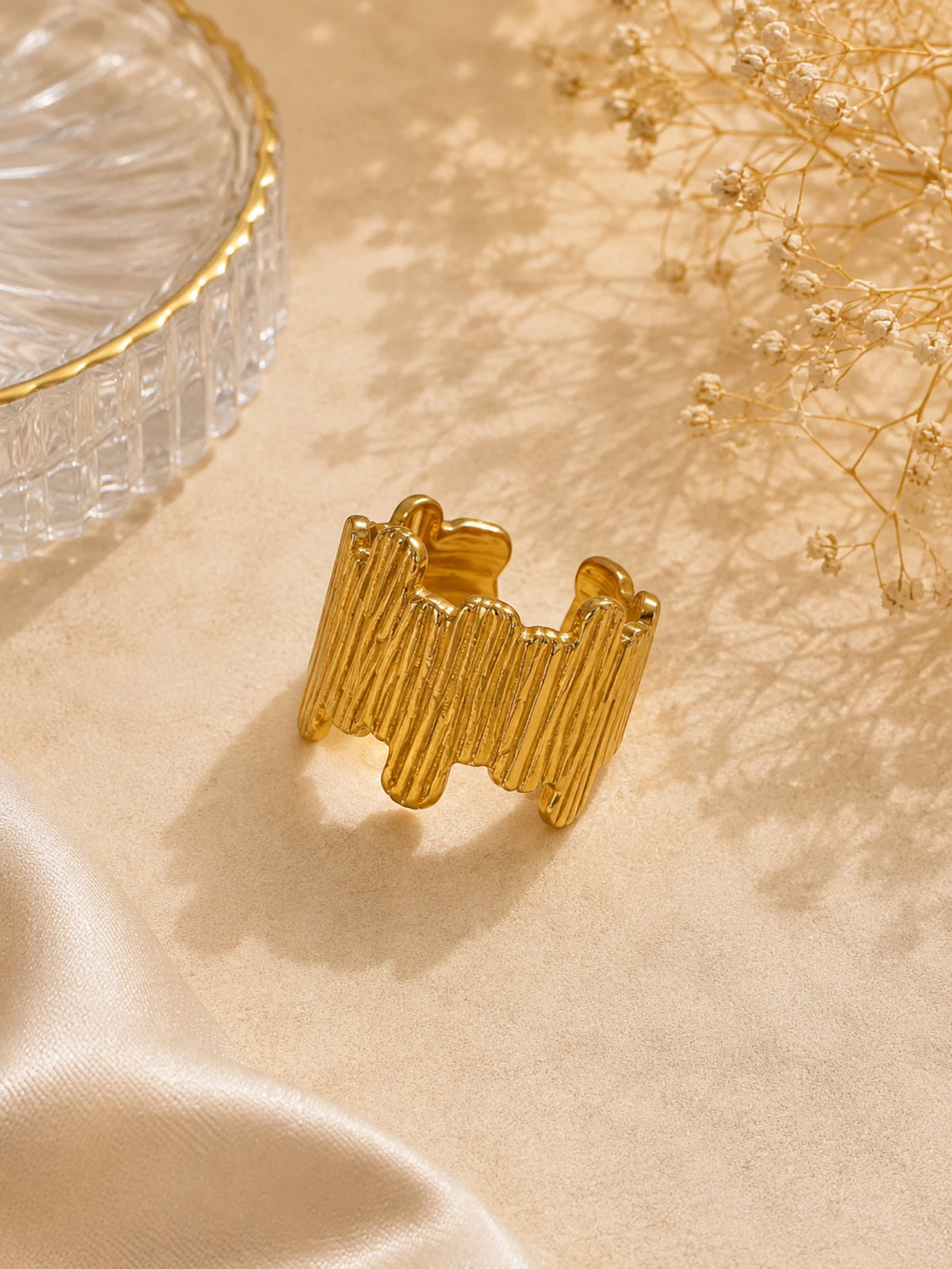 Golden Textured Wave Adjustable Ring