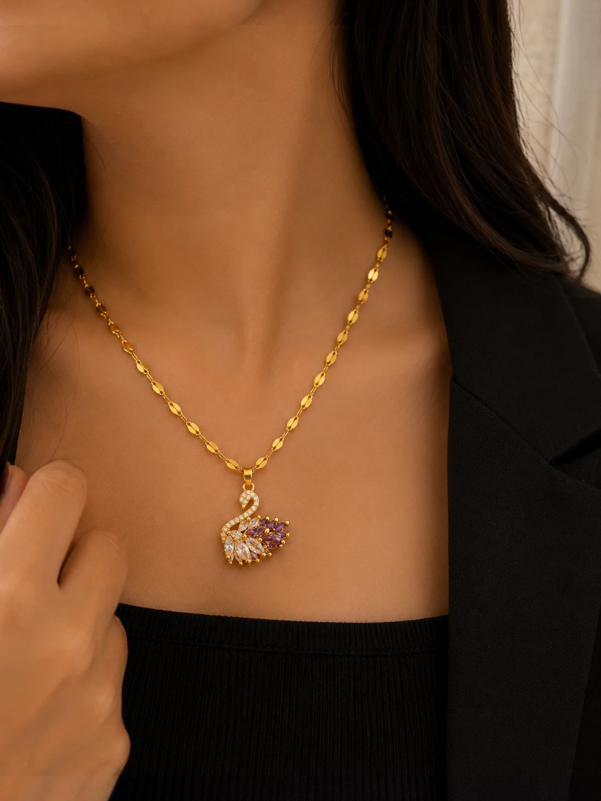 Purple Swan Pendant Necklace
