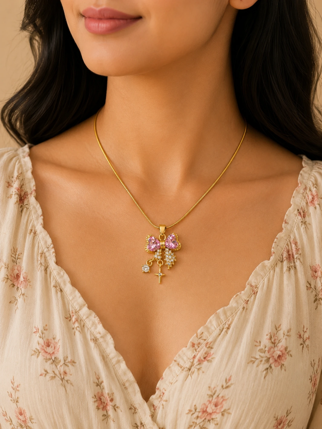 Pink Bow Charm Pendant Necklace