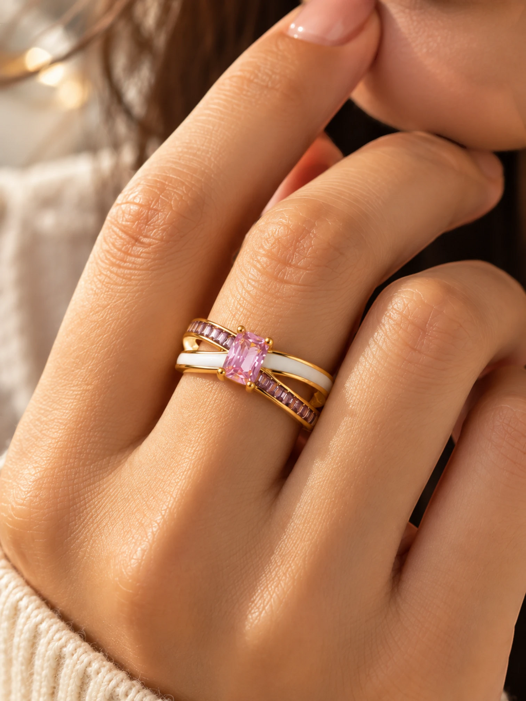 Pink Crystal Dual Band Ring