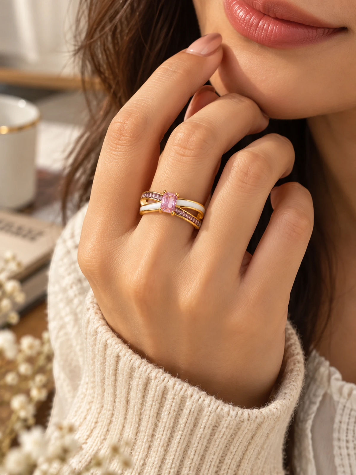 Pink Crystal Dual Band Ring