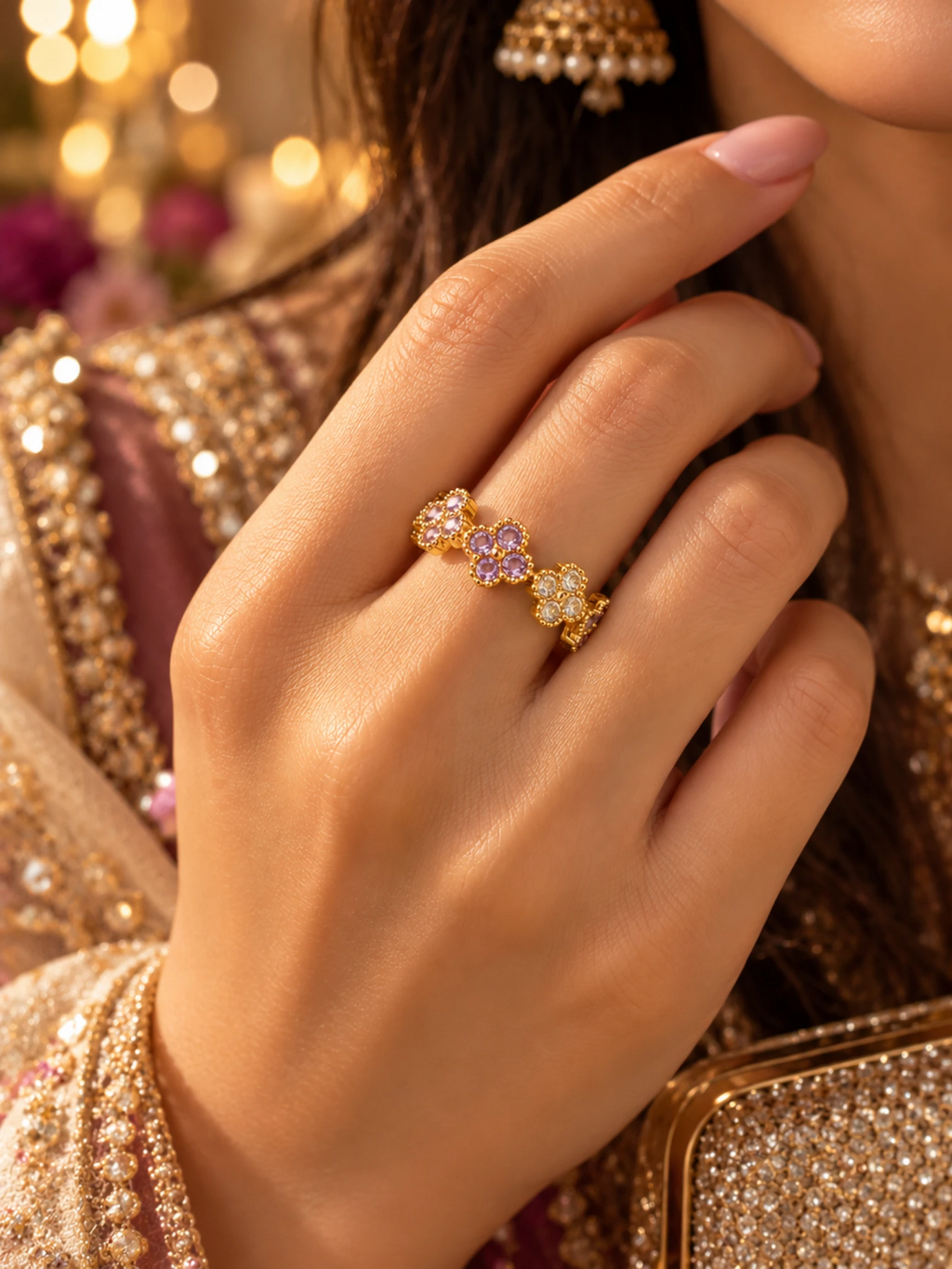 Royal Pink Crystal Flower Ring