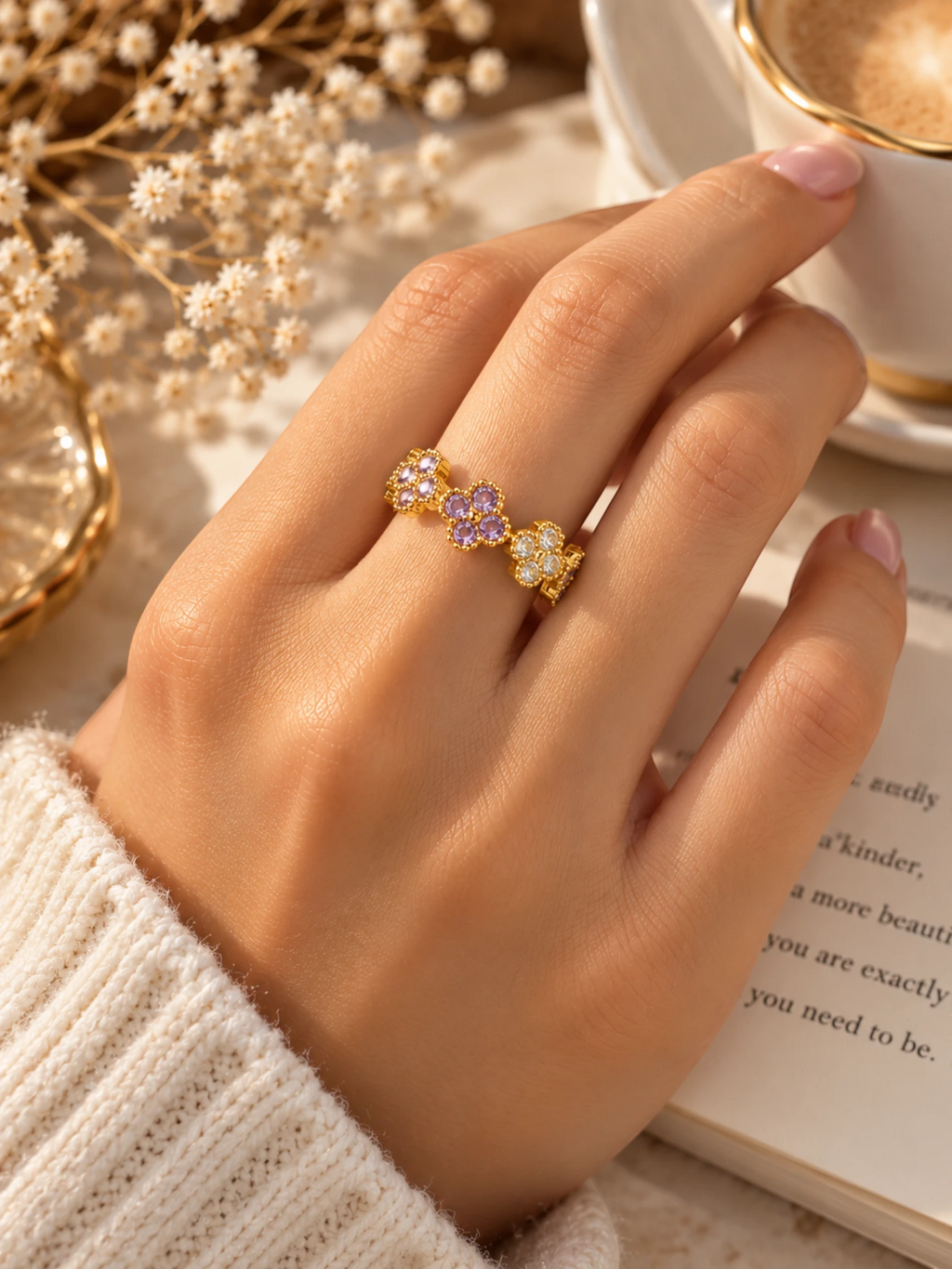 Royal Pink Crystal Flower Ring
