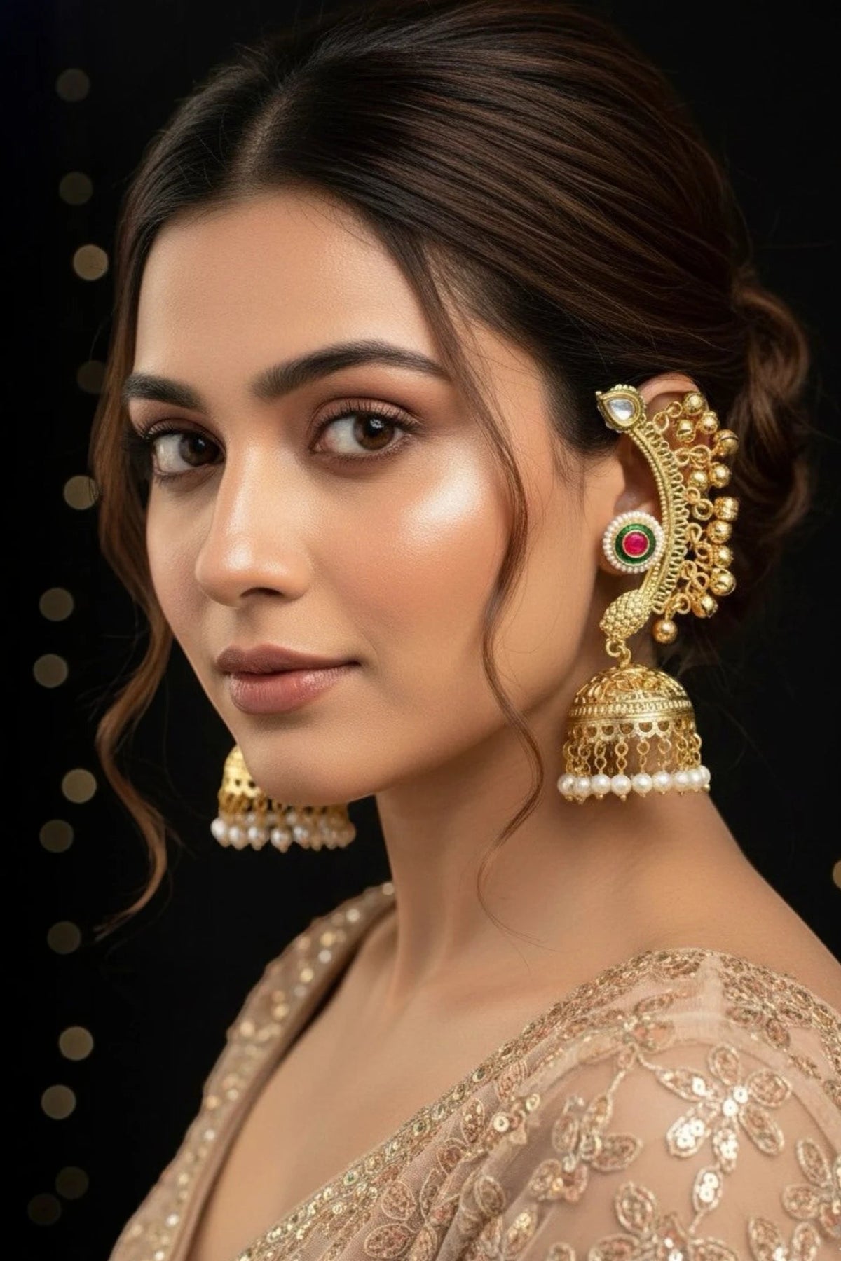 Antique Gold Peacock Jhumka Earrings in Anti-Tarnish Brass with Pearls &amp; Kundan Work
