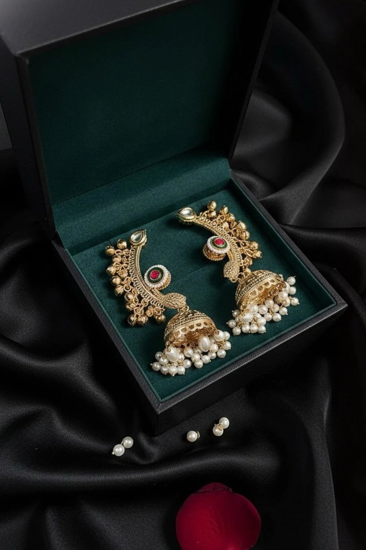 Antique Gold Peacock Jhumka Earrings in Anti-Tarnish Brass with Pearls &amp; Kundan Work